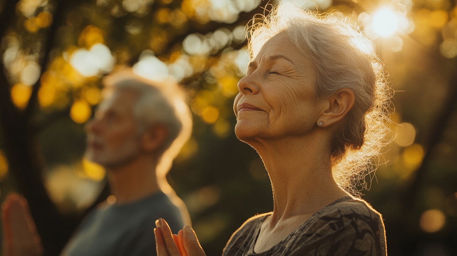 Група людей старшого віку практикує йогу в парку серед дерев