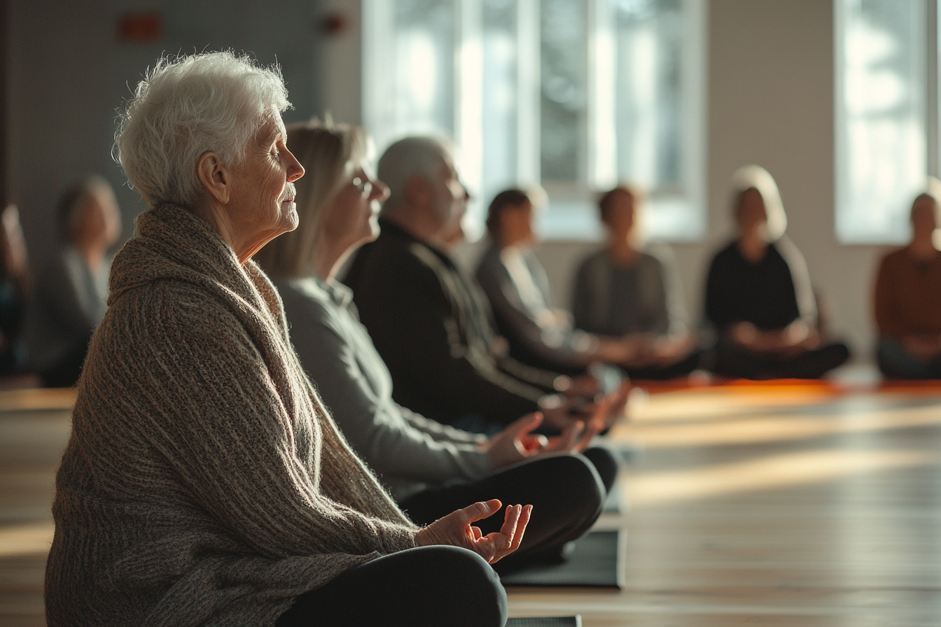 Інструктор йоги демонструє медитативну позу біля озера на заході сонця