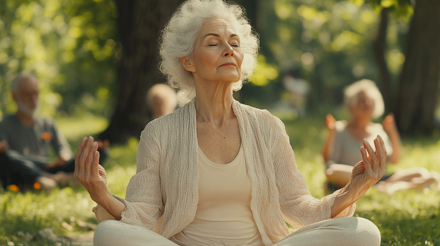 Група людей старшого віку після заняття йогою на природі, усміхаються та тримають килимки